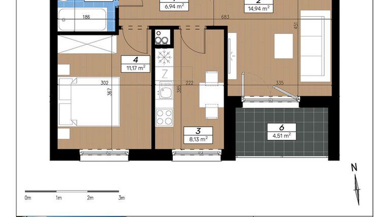 Rzut - Mieszkanie na sprzedaż 2 pokoje o powierzchni 45,44 m² - numer E/2/3 w Limone