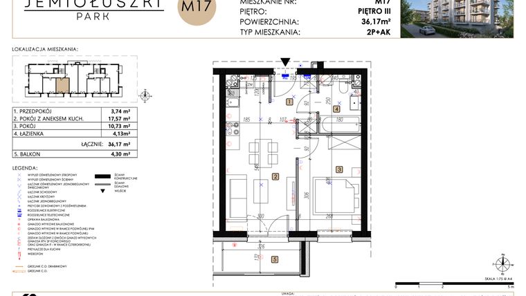 Rzut - Mieszkanie na sprzedaż 2 pokoje o powierzchni 36,17 m² - numer A2_M17 w Jemiołuszki Park etap 2