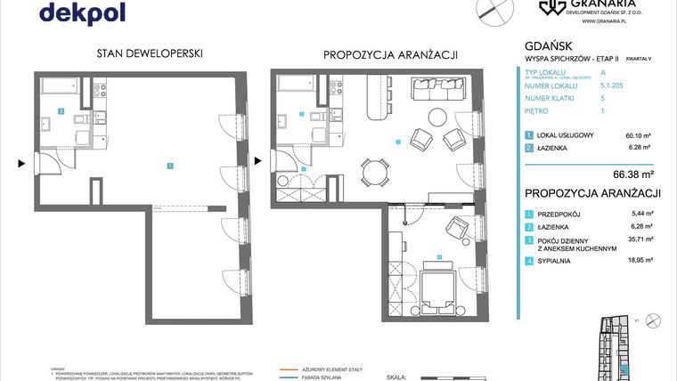Rzut - Mieszkanie na sprzedaż 1 pokój o powierzchni 66,38 m² - numer 5.1.205 w Granaria