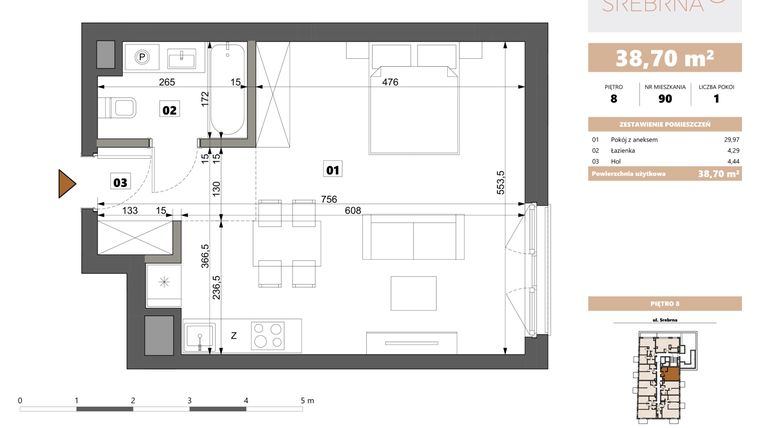Rzut - Mieszkanie na sprzedaż 1 pokój o powierzchni 38,7 m² - numer 90 w Srebrna 5