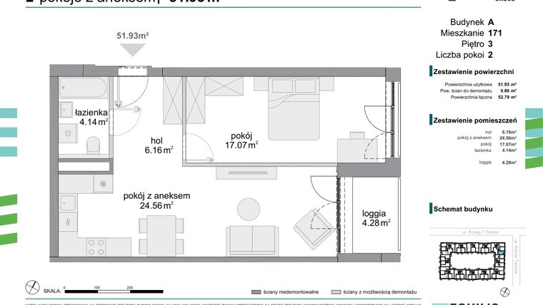 Rzut - Mieszkanie na sprzedaż 2 pokoje o powierzchni 51,93 m² - numer 171 w Osiedle Fokus Ursus
