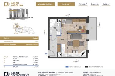 Rzut - Mieszkanie na sprzedaż 2 pokoje o powierzchni 36,33 m² - numer 49 w Osiedle Dakar Karolina