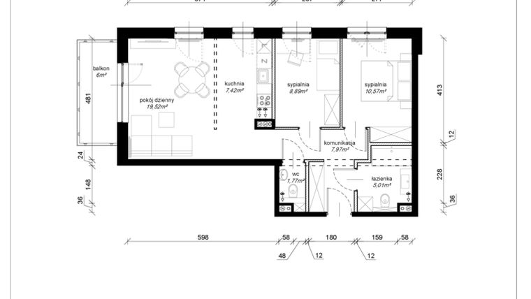 Rzut - Mieszkanie na sprzedaż 3 pokoje o powierzchni 61,08 m² - numer E.1.06.3k w Art.Teo etap 3