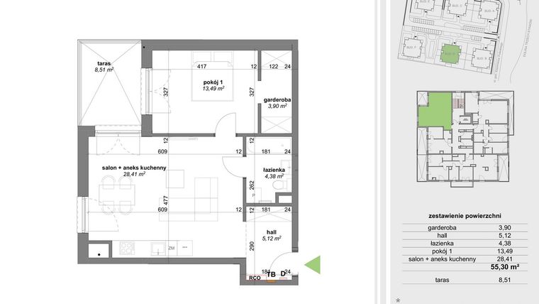 Rzut - Mieszkanie na sprzedaż 2 pokoje o powierzchni 54,95 m² - numer D.7.4 w Park Przy Stawach