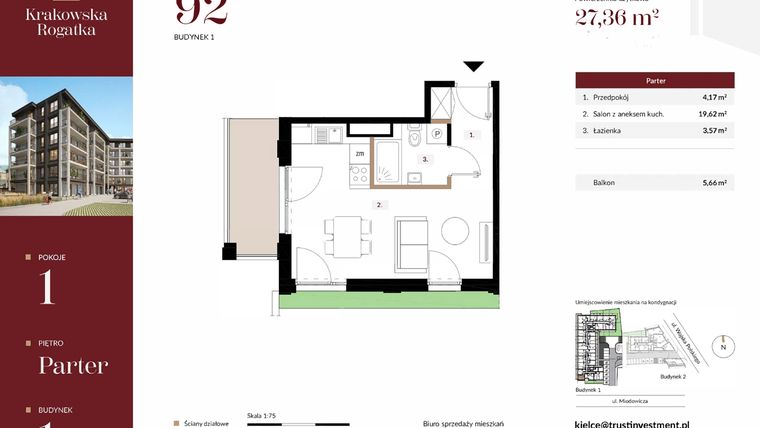 Rzut - Mieszkanie na sprzedaż 1 pokój o powierzchni 27,36 m² - numer 1.M92 w Krakowska Rogatka