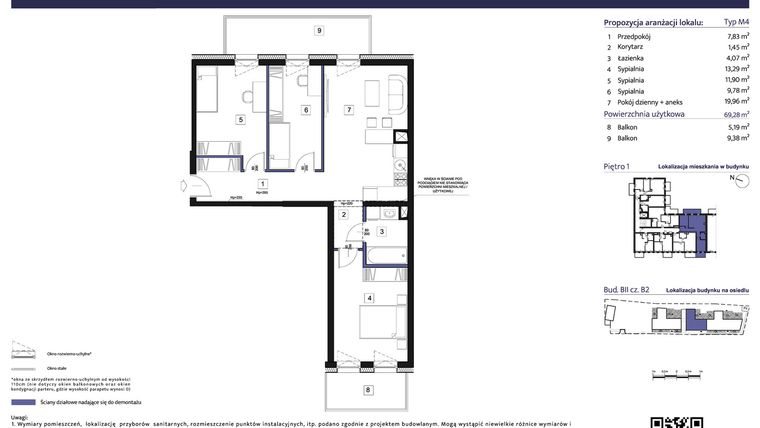 Rzut - Mieszkanie na sprzedaż 4 pokoje o powierzchni 69,25 m² - numer B2 – M1.4 w Primacasa