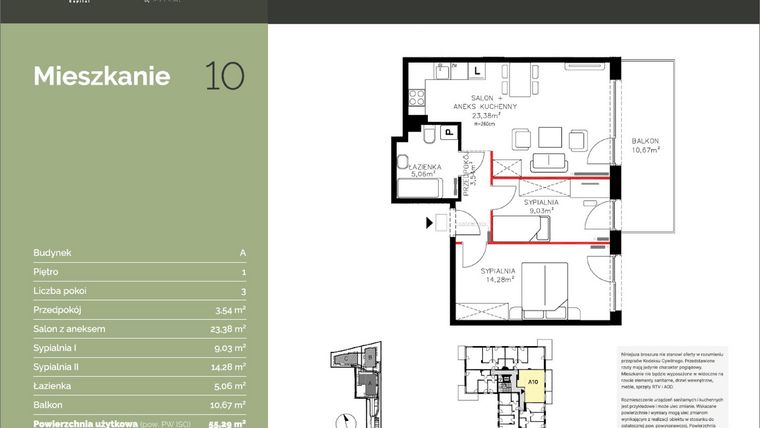 Rzut - Mieszkanie na sprzedaż 3 pokoje o powierzchni 55,2 m² - numer A10 w Stawowa Residence - etap V