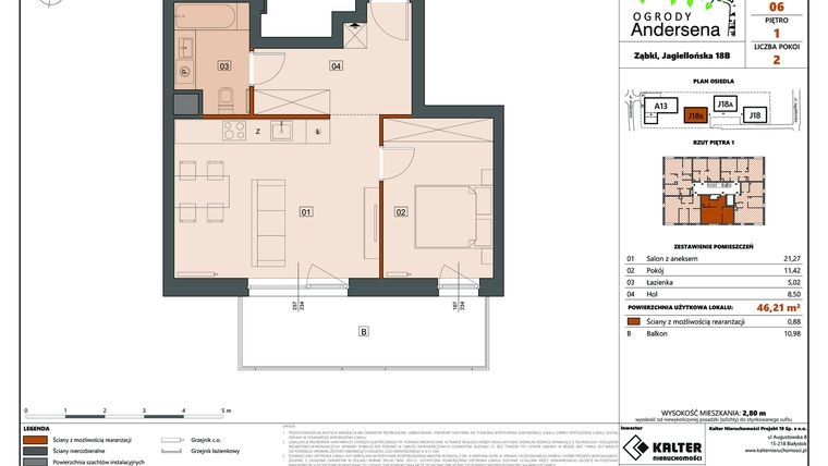 Rzut - Mieszkanie na sprzedaż 2 pokoje o powierzchni 46,21 m² - numer 6B w Ogrody Andersena