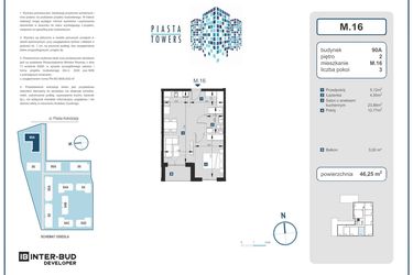 Rzut - Mieszkanie na sprzedaż 2 pokoje o powierzchni 46,25 m² - numer 16 w Piasta Towers bud. 90A