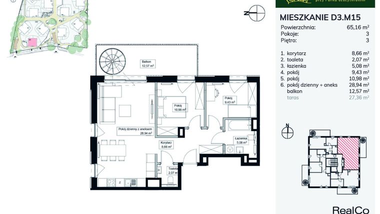 Rzut - Mieszkanie na sprzedaż 3 pokoje o powierzchni 65,16 m² - numer D3.M15 w Apartamenty przy Parku Szczytnickim