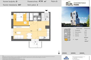 Rzut - Mieszkanie na sprzedaż 2 pokoje o powierzchni 47,1 m² - numer 47 w Dworzysko Park - Etap III