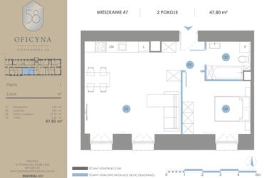 Rzut - Mieszkanie na sprzedaż 2 pokoje o powierzchni 47,8 m² - numer 47 w Oficyna