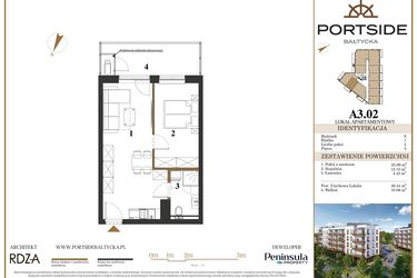 Rzut - Mieszkanie na sprzedaż 2 pokoje o powierzchni 40,44 m² - numer A3.02 w Portside Bałtycka