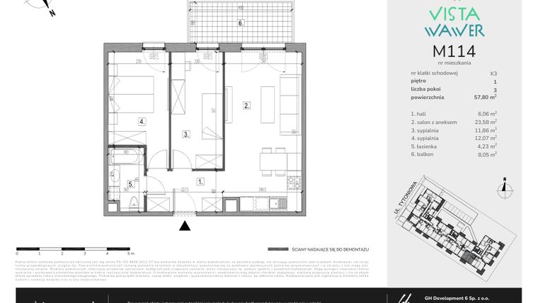 Rzut - Mieszkanie na sprzedaż 3 pokoje o powierzchni 57,8 m² - numer M114 w Vista Wawer