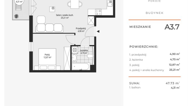 Rzut - Mieszkanie na sprzedaż 2 pokoje o powierzchni 47,75 m² - numer A3.7 w Enklawa Bukowa