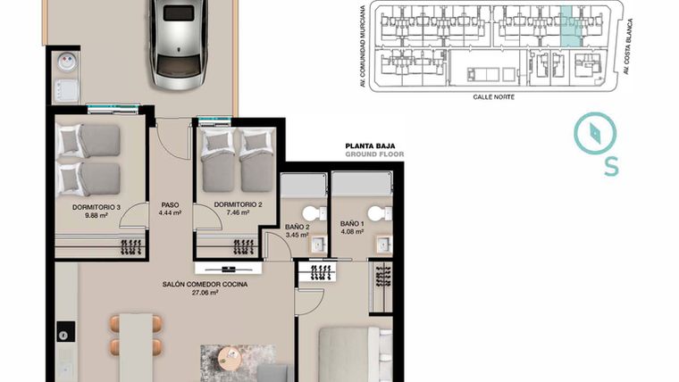 Rzut - Mieszkanie na sprzedaż 3 pokoje o powierzchni 87 m² - numer 113 w Apartamenty w Pilar de la Horadada -  37538395