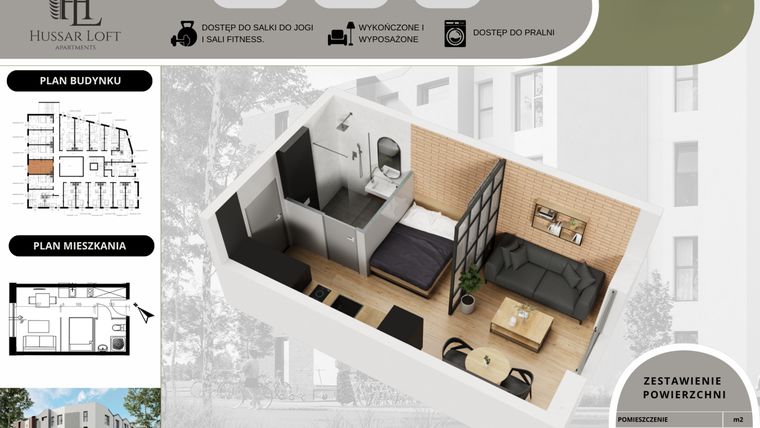 Rzut - Mieszkanie na sprzedaż 1 pokój o powierzchni 21,86 m² - numer 66 w Hussar Loft - Apartamenty inwestycyjne