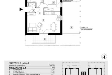 Rzut - Mieszkanie na sprzedaż 2 pokoje o powierzchni 43,36 m² - numer 3.1 w Jasieny