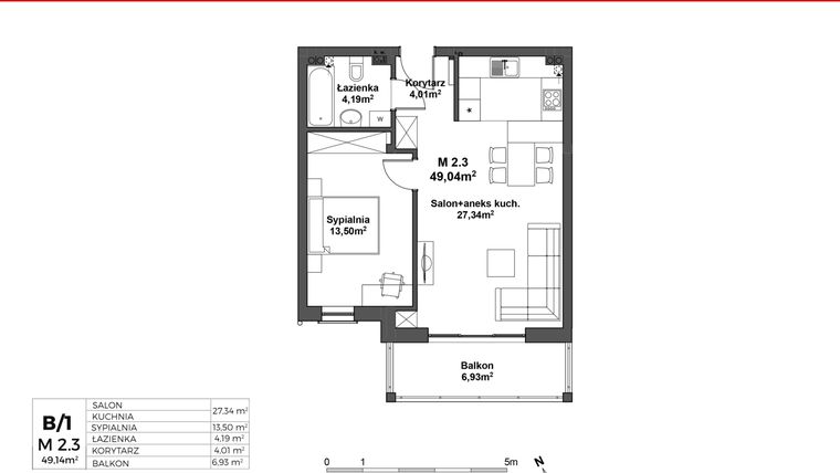 Rzut - Mieszkanie na sprzedaż 2 pokoje o powierzchni 49,14 m² - numer B-2.3 w Nowa Zamiejska
