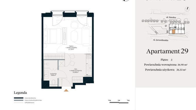 Rzut - Mieszkanie na sprzedaż 1 pokój o powierzchni 36,9 m² - numer U.4.29 w Smolna 23