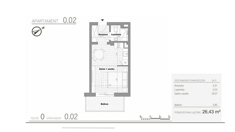 Rzut - Mieszkanie na sprzedaż 1 pokój o powierzchni 26,43 m² - numer 1.2 w Villa Książąt Pomorskich