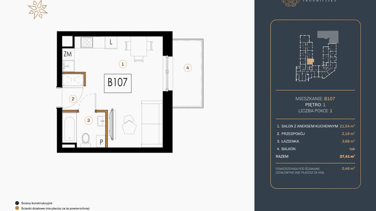 Rzut - Mieszkanie na sprzedaż 1 pokój o powierzchni 27,41 m² - numer B.107 w Rezydencja Śródmiejska