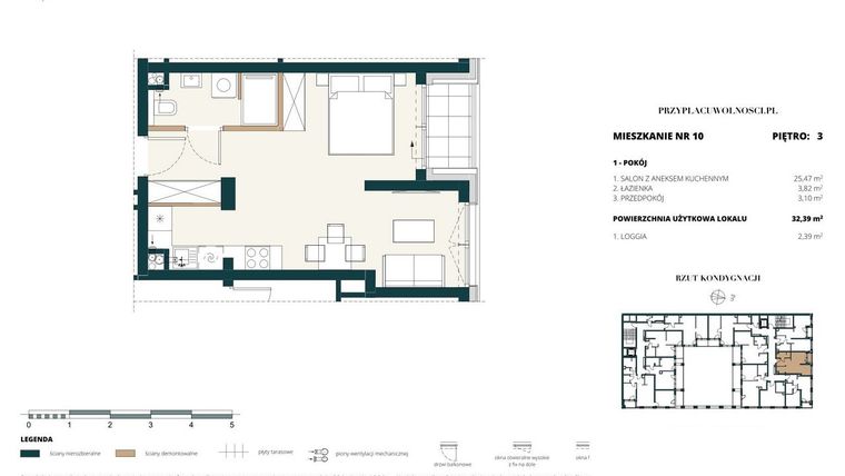 Rzut - Mieszkanie na sprzedaż 1 pokój o powierzchni 32,21 m² - numer 3. M10. w Przy Placu Wolności