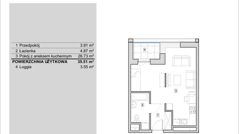 Rzut - Mieszkanie na sprzedaż 1 pokój o powierzchni 35,51 m² - numer H1-A-7-1 w Heyki City