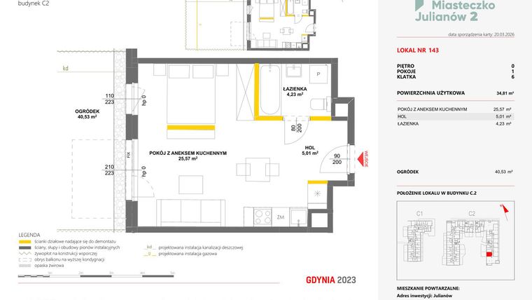 Rzut - Mieszkanie na sprzedaż 1 pokój o powierzchni 34,81 m² - numer 143 w Miasteczko Julianów etap 2