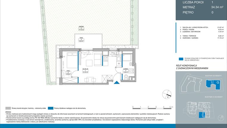 Rzut - Mieszkanie na sprzedaż 2 pokoje o powierzchni 34,34 m² - numer GD0004 w Spokojny Mokotów etap II