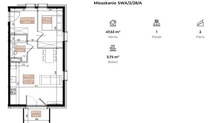 Rzut - Mieszkanie na sprzedaż 2 pokoje o powierzchni 47,53 m² - numer SWA/2/28/A w Apartamenty Świeradowska