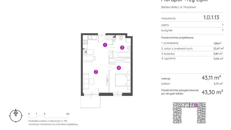 Rzut - Mieszkanie na sprzedaż 2 pokoje o powierzchni 43,3 m² - numer 1.B.1.13 w Murapol Trzy Lipki