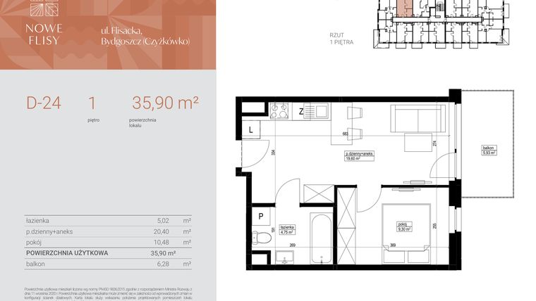 Rzut - Mieszkanie na sprzedaż 2 pokoje o powierzchni 35,9 m² - numer M24_NF.d w Nowe Flisy II