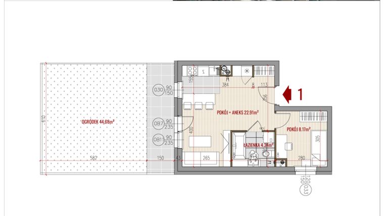 Rzut - Mieszkanie na sprzedaż 2 pokoje o powierzchni 35,42 m² - numer 1 w HUZAR B3