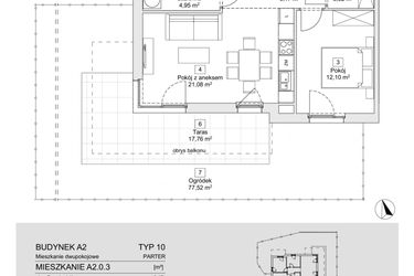 Rzut - Mieszkanie na sprzedaż 2 pokoje o powierzchni 47,62 m² - numer A2.0.3 w Zacisze Marcelin IIIa