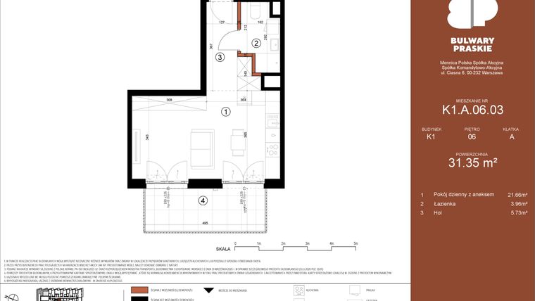 Rzut - Mieszkanie na sprzedaż 1 pokój o powierzchni 31,35 m² - numer K1.A.06.03 w Bulwary Praskie etap K i L