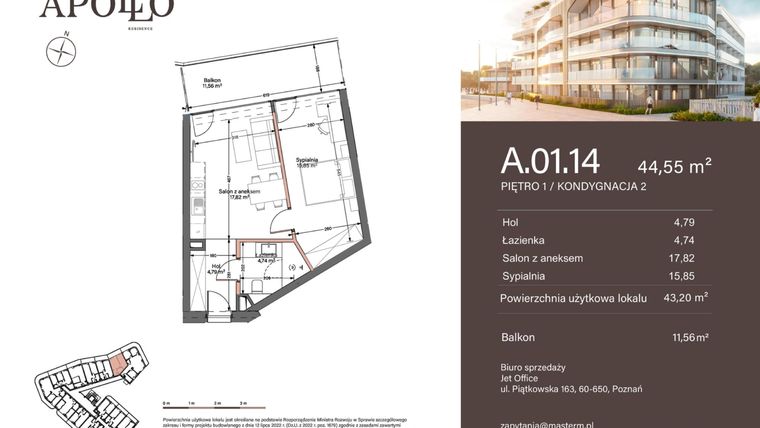 Rzut - Mieszkanie na sprzedaż 2 pokoje o powierzchni 43,2 m² - numer A.1.14 w Apollo Residence