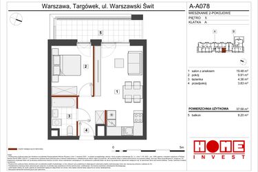Rzut - Mieszkanie na sprzedaż 2 pokoje o powierzchni 37,58 m² - numer A-A078 w Warszawski Świt etap VII
