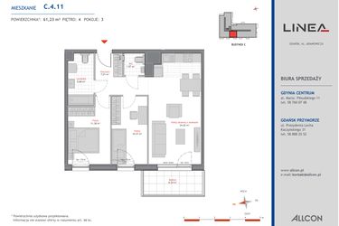 Rzut - Mieszkanie na sprzedaż 3 pokoje o powierzchni 61,19 m² - numer C.4.11 w Linea