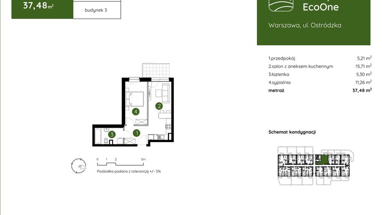 Rzut - Mieszkanie na sprzedaż 2 pokoje o powierzchni 37,48 m² - numer 3.A.0.01 w Murapol EcoOne