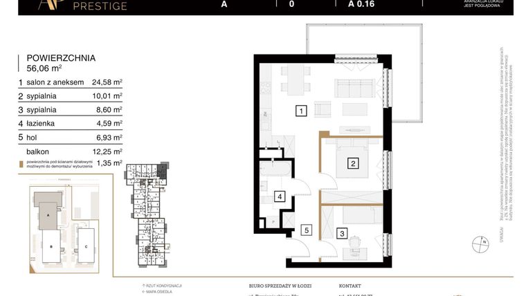 Rzut - Mieszkanie na sprzedaż 3 pokoje o powierzchni 57,78 m² - numer A 0.16 w Apartamenty Prestige