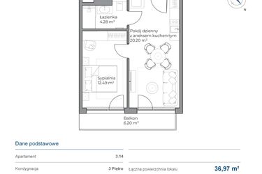 Rzut - Mieszkanie na sprzedaż 2 pokoje o powierzchni 36,97 m² - numer B.3.14 w Anchoria Holiday