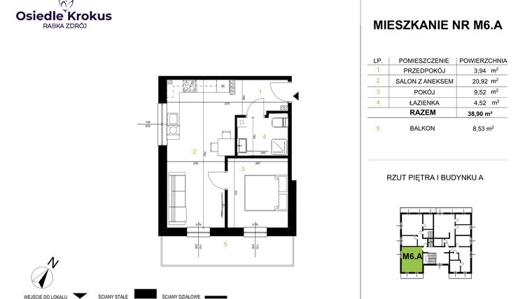 Rzut - Mieszkanie na sprzedaż 2 pokoje o powierzchni 38,9 m² - numer M6.A w Osiedle Krokus etap IV