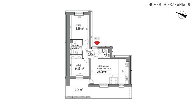 Rzut - Mieszkanie na sprzedaż 3 pokoje o powierzchni 59,02 m² - numer 3m.6 w Osiedle Rytm etap 2