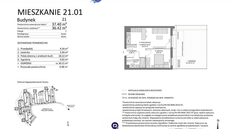 Rzut - Mieszkanie na sprzedaż 2 pokoje o powierzchni 36,42 m² - numer 21.01 w Osiedle Pastelowe etap IV
