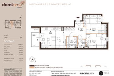 Rzut - Mieszkanie na sprzedaż 3 pokoje o powierzchni 69 m² - numer A6 w Domkove Widzew