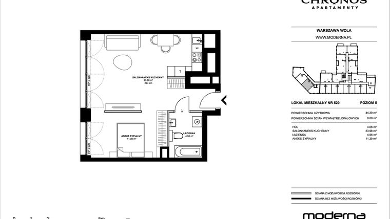 Rzut - Mieszkanie na sprzedaż 2 pokoje o powierzchni 44,39 m² - numer 520 w Chronos etap II