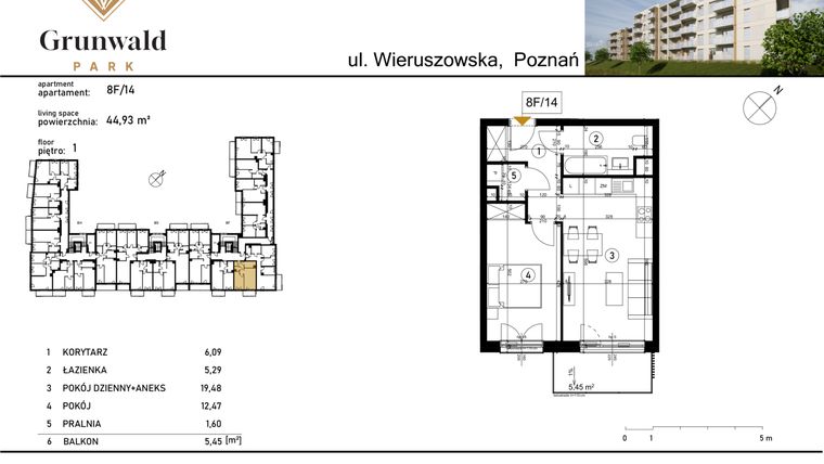 Rzut - Mieszkanie na sprzedaż 2 pokoje o powierzchni 44,93 m² - numer 8 F/14 w Grunwald Park