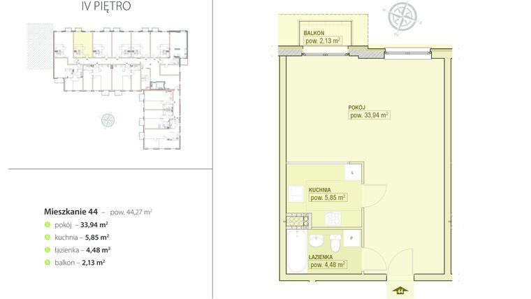 Rzut - Mieszkanie na sprzedaż 2 pokoje o powierzchni 44,27 m² - numer 44 w Konarskiego 10 - Gotowe mieszkania