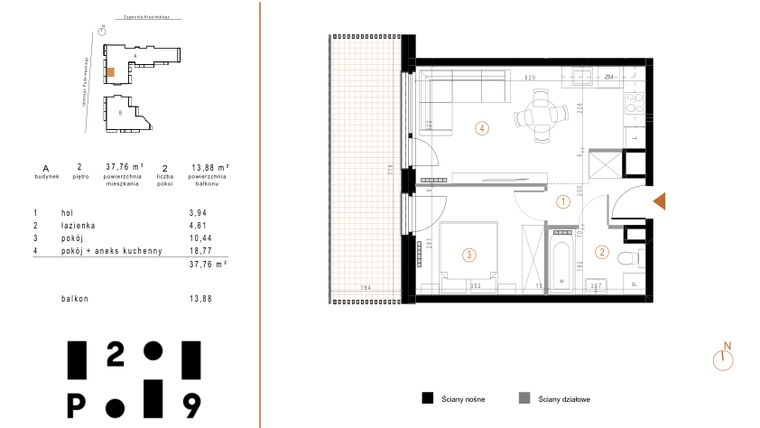 Rzut - Mieszkanie na sprzedaż 2 pokoje o powierzchni 37,76 m² - numer A14 w Paderewskiego 29